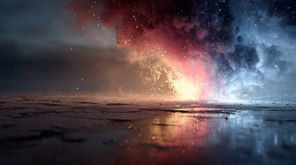 Obraz premium Close up glowing and smoke effect red color tone on the ground , background image.