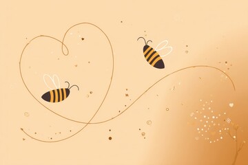 Bees and Heartful Trails on Warm Background with Floral Accents.