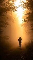 Fototapeta premium Cyclist riding along forest path during sunrise mist