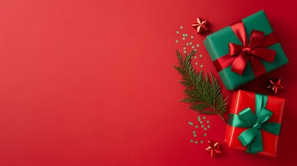 Christmas gifts and decorations on a red background with green and red ribbons and bows