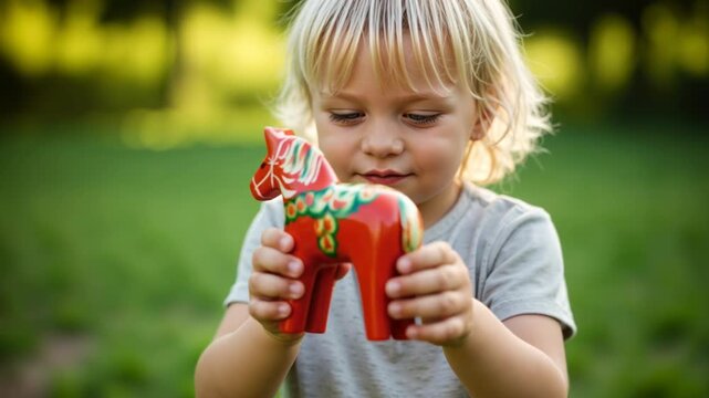 Little blonde child holding a traditional red Dala horse outdoors. Little boy exploring a Swedish wooden toy. Swedish Midsummer celebration, June 24