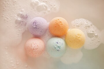 Vibrant Bath Bombs in Foamy Water - Relaxation and Self-Care Essentials.