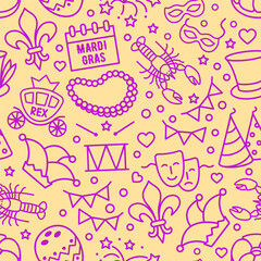 Fototapeta premium Mardi Gras seamless linear background with traditional carnival symbols beads masks drums hats and fleur motifs. Outline vector illustration for festive designs party decor posters packaging and holid