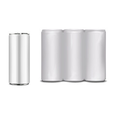 Blank white aluminum can multipack packaging. Realistic vector mockup. Shrink film wrap drink package. Mock-up. Multi-pack plastic sleeve beverage wrapping. Template for design