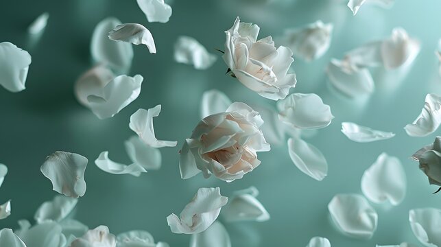 A serene and beautiful scene of white rose petals floating gently in the air