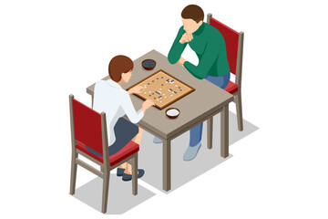 Go Players. Isometric go game with two players at table. Strategic board game, intellectual competition and leisure activity concept.
