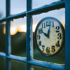 High-rise window view of New Year countdown billboard, minimal city glow, soft cinematic lens blur.