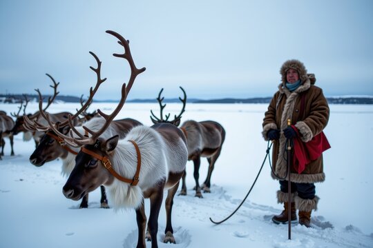 A Sami reindeer herder in a snowy landscape wearing traditional fur clothing.