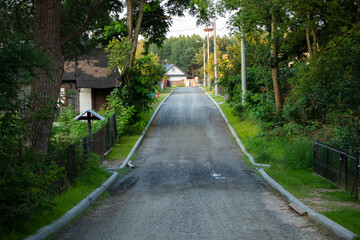 Obraz premium Narrow asphalt road leading through a green village neighborhood with houses and trees