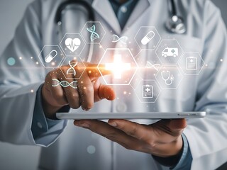 Doctor interacting with a futuristic holographic display of medical icons, representing digital health innovation