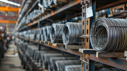 Metal wire rolls stored on shelves in a warehouse. The scene showcases organized industrial storage with various coils of wire.