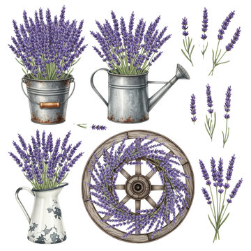 highly detailed photorealistic watercolor illustration of deep purple lavender compositions in rustic containers, flat lay on solid transparent background. concept for commercial product presentation