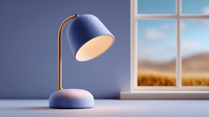 A minimalist desk lamp illuminates a serene space, its soft glow casting a gentle light alongside the natural light from a nearby window, creating a perfect blend of interior and exterior ambiance.
