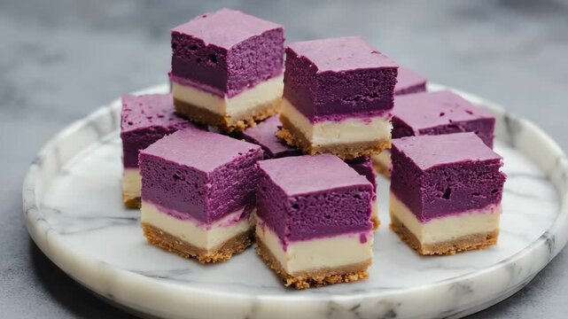 A plate of ube dessert squares with a purple yam layer and a creamy base. The pastel purple color is visually appealing, perfect for dessert lovers.