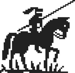 Obraz premium Pixel art medieval knight on horseback with lance, vintage black and white game warrior