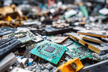 Obraz premium A pile of old, used computer parts such as hard drives and other electronic waste in a scrapyard.