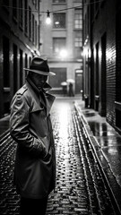 Naklejka premium Man in trench coat and fedora standing in rainy alley