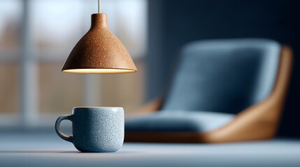 A tranquil indoor scene captures a serene moment, a stylish ceramic mug is resting on a table, accompanied by a lamp and chair.