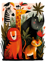 Nashorn, Zebra, Giraffe, L&ouml;we im Dschungel - Cartoon Comic Stil