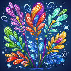 Colorful fireworks burst frozen mid-air against plain navy sky, high contrast, vibrant color palette.