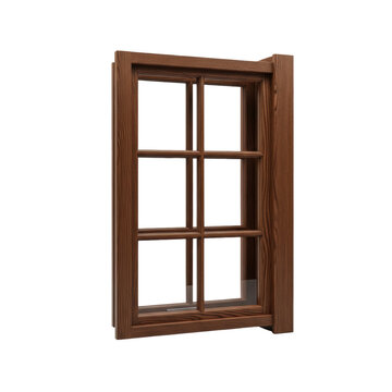 hyperdetailed vintage dark brown wooden casement window, partially open with four panes, top-down orthographic view, isolated on a transparent seamless background. concept for architectural catalog