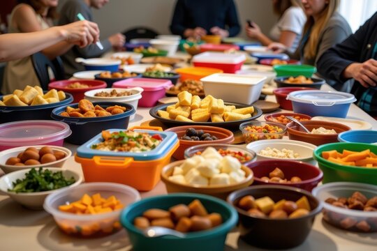 A potluck dinner where a table is overflowing with mismatched tupperware containers and diverse dishes.