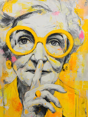 Portr&auml;t einer &auml;lteren Frau mit gelber Sonnenbrille - abstrakter Hintergrund