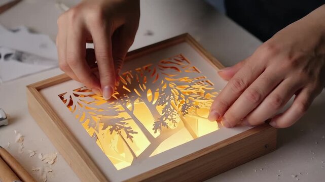 A person is assembling a layered paper shadow box art piece. The backlit design features trees and a cozy glow from LED lights. Handmade decor and paper craft are evident.