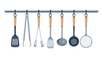 A collection of essential kitchen utensils with wooden handles hanging neatly on a rack