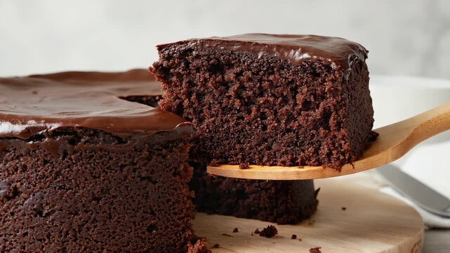 A slice of rich chocolate cake on a wooden spatula. The cake has a glossy chocolate frosting and is placed on a wooden board.