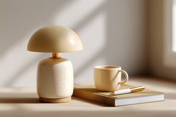 A minimalist lamp and mug arranged on a clean, modern surface, with soft light and shadow play.