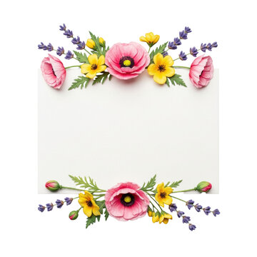 ultra photorealistic flat lay of a detailed watercolor floral frame with pink poppies and purple lavender on a transparent background, high-key and shadowless, ideal white copy space, elegant