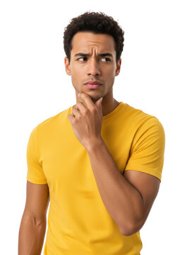 young mixed-race man in a sunflower yellow t-shirt touching his chin, contemplating on a high-key transparent studio backdrop with rim lighting, concept of internal conflict