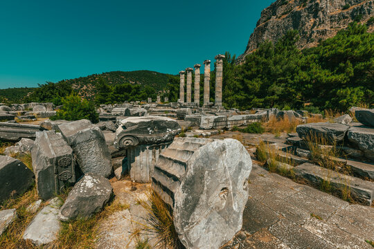 Ruins of the ancient city of Priene, Turkey. The Temple of Athena Polias in Priene  an Ionic Order temple located northwest of  agora, inside the sanctuary complex. It was dedicated to Athena Polias, 