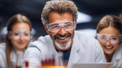 A cheerful scientist collaborates with students in a modern lab, showcasing teamwork and enthusiasm for scientific discovery.