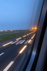 Obraz premium Motion Blur Takeoff: A view from the side window during the takeoff roll, with the runway edge lights streaking into continuous lines of light due to speed.