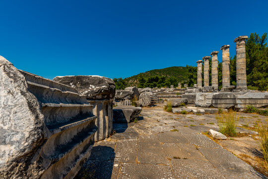 Ruins of the ancient city of Priene, Turkey. The Temple of Athena Polias in Priene  an Ionic Order temple located northwest of  agora, inside the sanctuary complex. It was dedicated to Athena Polias, 