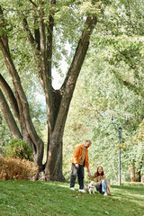 Fototapeta premium Couple enjoys springtime stroll in park with their beloved wheelchair dog