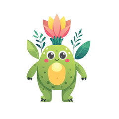 Fototapeta premium A cute cartoon monster with a flower on its head and leaves around it in transparent background 