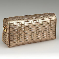 Red heels and gold clutch bag lying on plain cream background, post-party vibe, bold contrast and elegance.