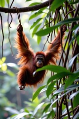 Obraz premium An orangutan swinging effortlessly arm over arm between heavy vines in a rainforest canopy.