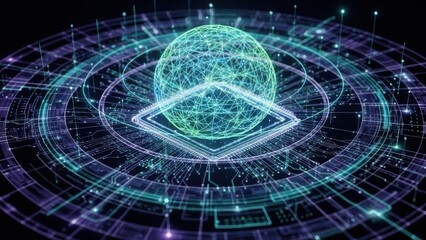 Futuristic Digital Sphere on Circuit Board, Global Network, AI, Data Processing, Technology Concept