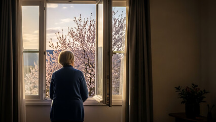 Mature woman enjoying serene sunrise view from open window surrounded by nature's tranquility and calming light, showcasing peaceful morning atmosphere and contemplative state.