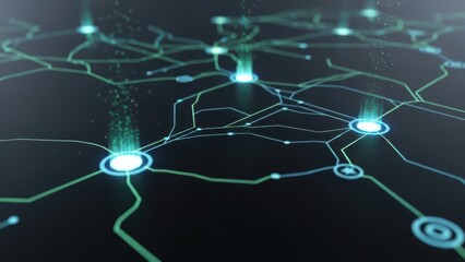 Abstract Digital Network Data Flow. Futuristic Technology Concept with Glowing Connections, AI, Machine Learning, and Big Data Visualization on Dark Background.