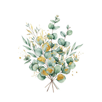 Ultra realistic 8k macro flat lay of a watercolor eucalyptus arrangement with metallic gold foil accents and splatter on a seamless transparent background, concept for luxurious commercial stationery