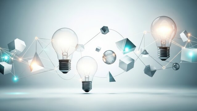 Innovation Network: Conceptual 3D background with glowing lightbulbs and interconnected geometric shapes. Represents ideas, technology, solutions, creative thinking, and business c - Powered by Adobe