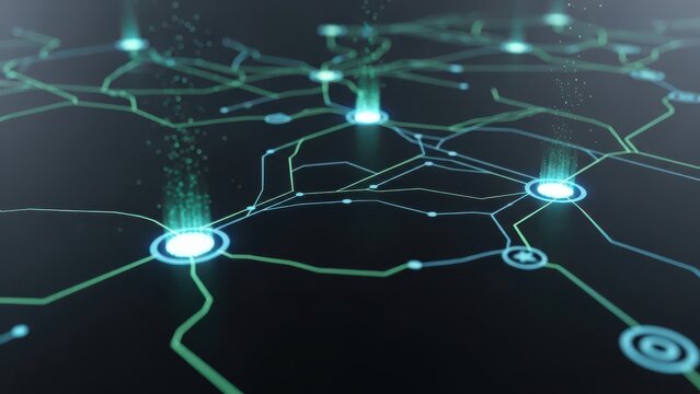 Abstract Digital Network Data Flow. Futuristic Technology Concept with Glowing Connections, AI, Machine Learning, and Big Data Visualization on Dark Background. - Powered by Adobe