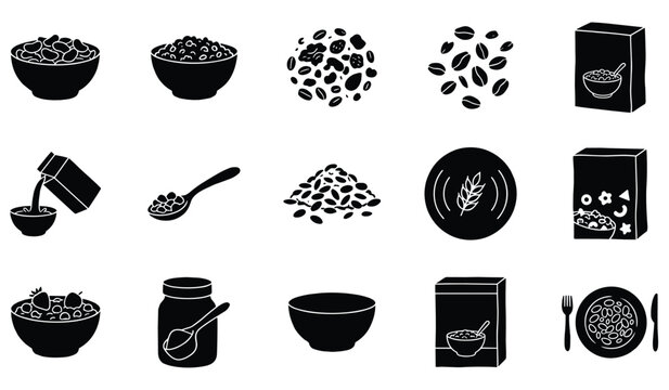Breakfast cereal grain and pasta silhouette set with various types food ingredients