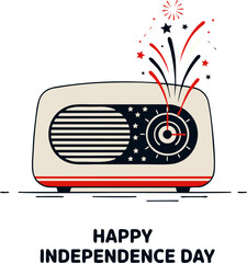 Vector illustration of vintage radio with American flag design and fireworks bursting from dial, featuring “Happy Independence Day” text, ideal for patriotic visuals, holiday decor, and nostalgic cele