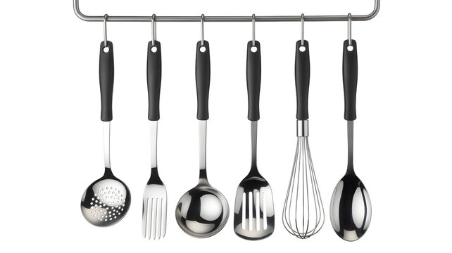 Essential stainless steel kitchen utensil set with black handles neatly hanging on a rack